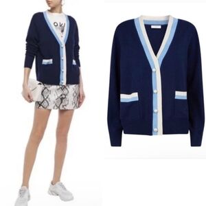 Talbots Tipped Cardigan Sweater XS Blue Pearl Button Cashmere Varsity Preppy